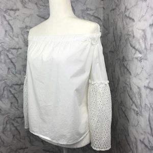White Eyelet Bell Sleeve Off Shoulder Top